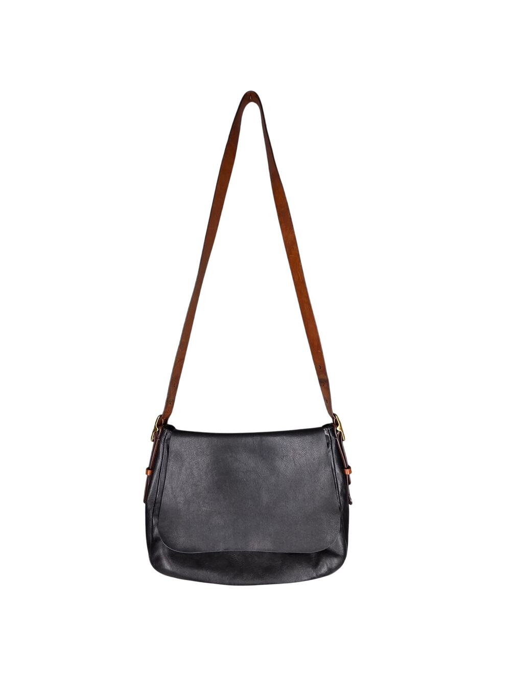 FOSSIL VINTAGE 90's LEATHER CROSSBODY BAG – BLACK W/ BROWN STRAP – 12" × 8" × 4"